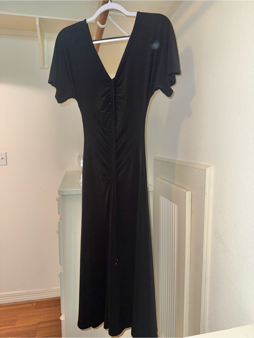 White House Black Market Black V-Neck Ruched Midi Dress